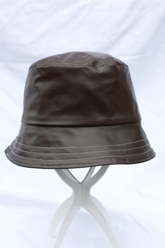 Handmade Reversible Bucket Hat -  Medium Brown Leather and Blue Denim