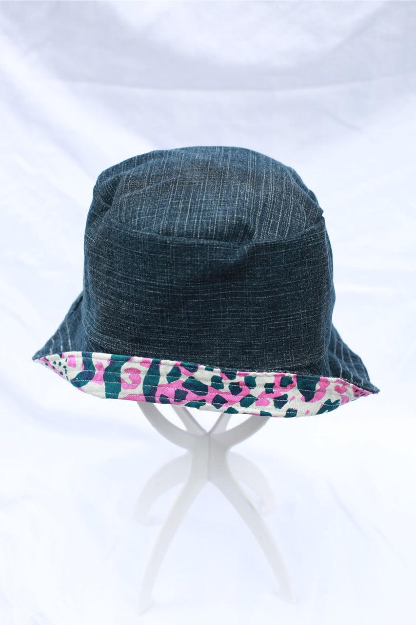 Handmade Reversible Bucket Hat -  Medium Pink & Teal and Blue Denim