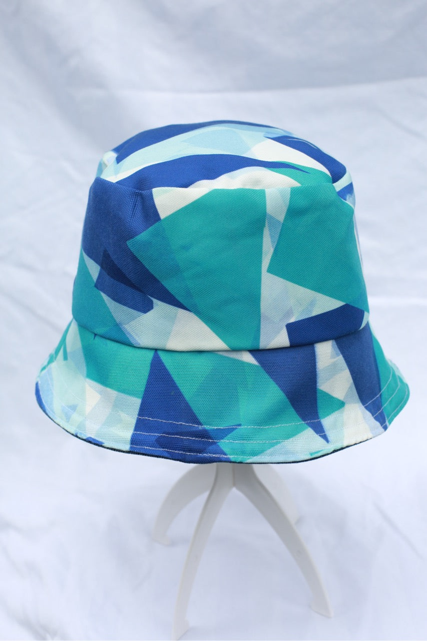 Handmade Reversible Bucket Hat -  Large Blue Geometric and Blue Denim