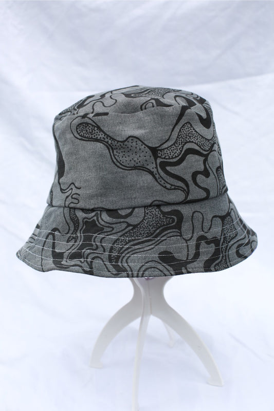 Handmade Reversible Bucket Hat -  Large Black Denim Swirl and Pink Ice dye