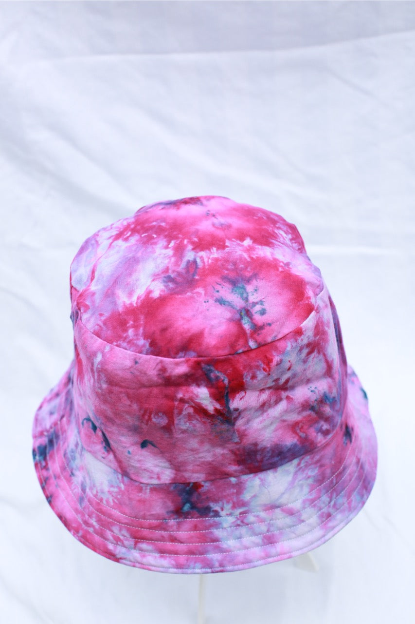 Handmade Reversible Bucket Hat -  Large Black Denim Swirl and Pink Ice dye