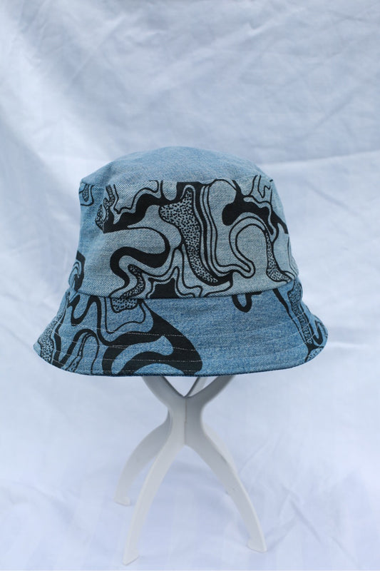 Handmade Reversible Bucket Hat -  Medium Double Denim Swirl