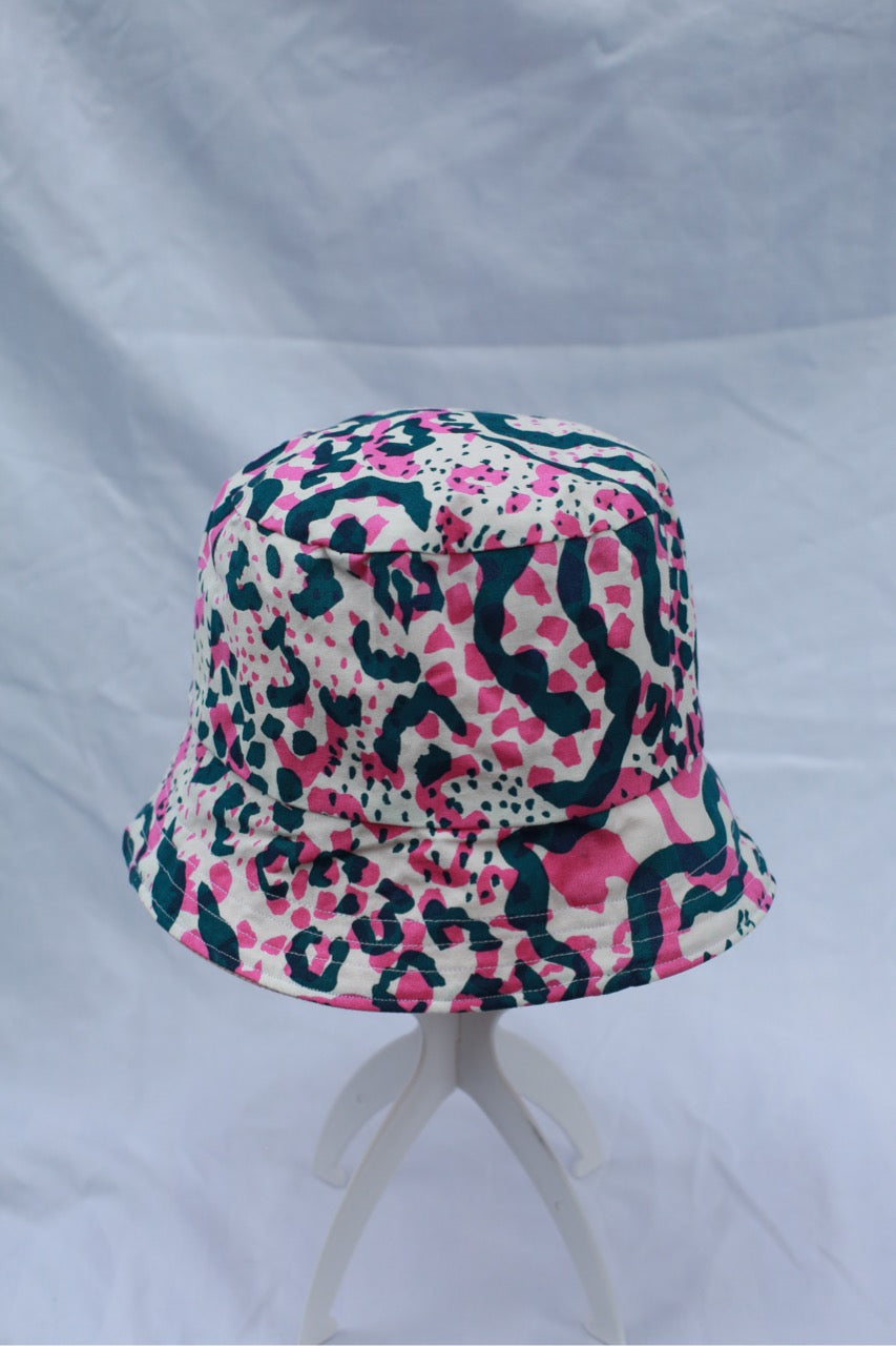 Handmade Reversible Bucket Hat -  Medium Pink and Teal Swirl and Pink Denim