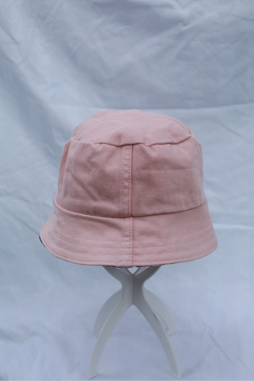 Handmade Reversible Bucket Hat -  Medium Pink and Teal Swirl and Pink Denim