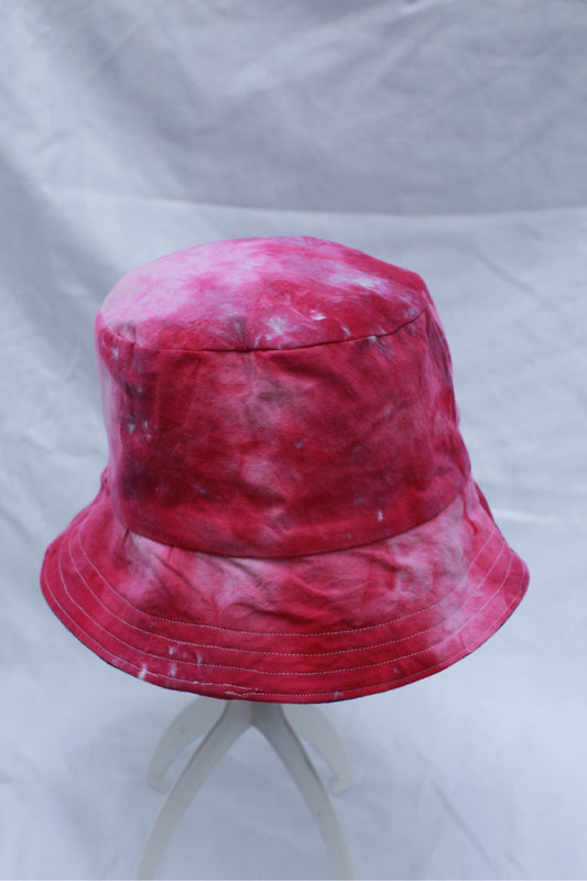 Handmade Reversible Bucket Hat -  Medium Pink Ice Dye and Denim