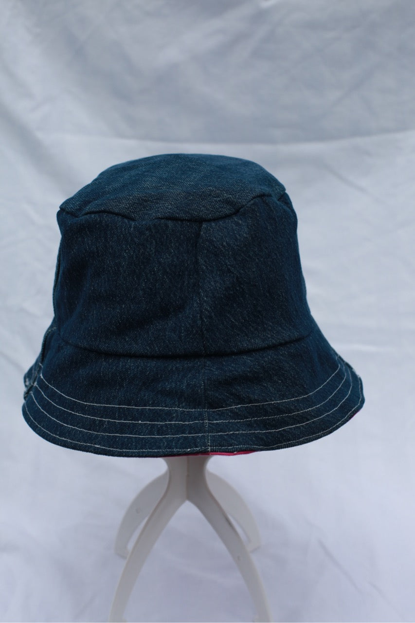 Handmade Reversible Bucket Hat -  Medium Pink Ice Dye and Denim