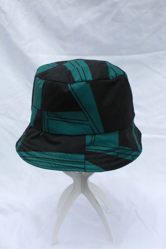 Handmade Reversible Bucket Hat -  Medium Green & Black Geometic and Green Denim