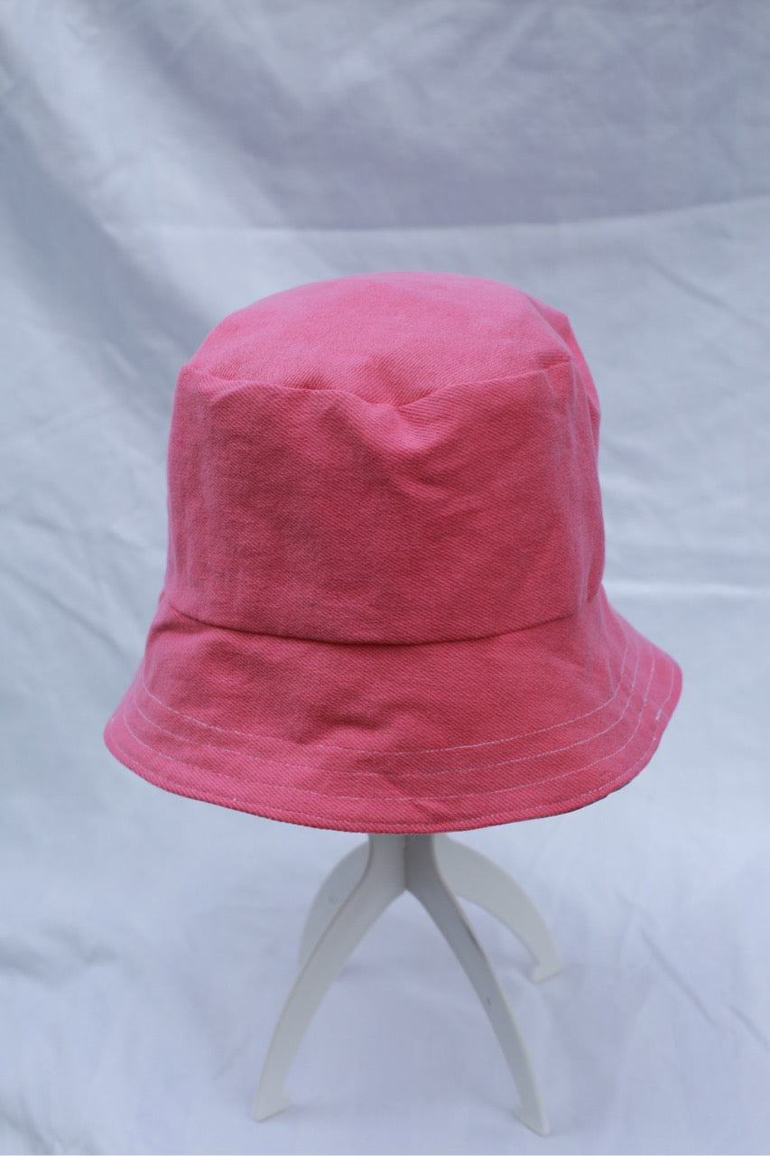 Handmade Reversible Bucket Hat -  Medium Pink and Purple Triangle and Pink Denim